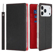 Black phone case with red interior and card slots, attached to a phone.