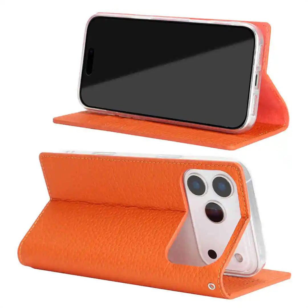 Orange phone case with a stand feature on a white background