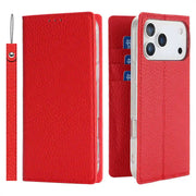 Red phone case with card slots and a strap on a white background
