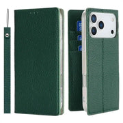 Green phone case with card slots and a strap on a white background