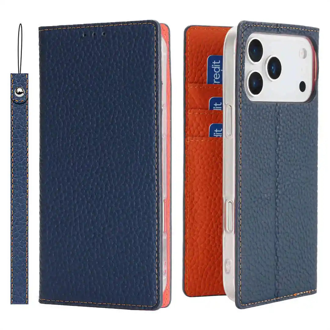 Blue phone case with card slots and a strap, displayed from different angles.