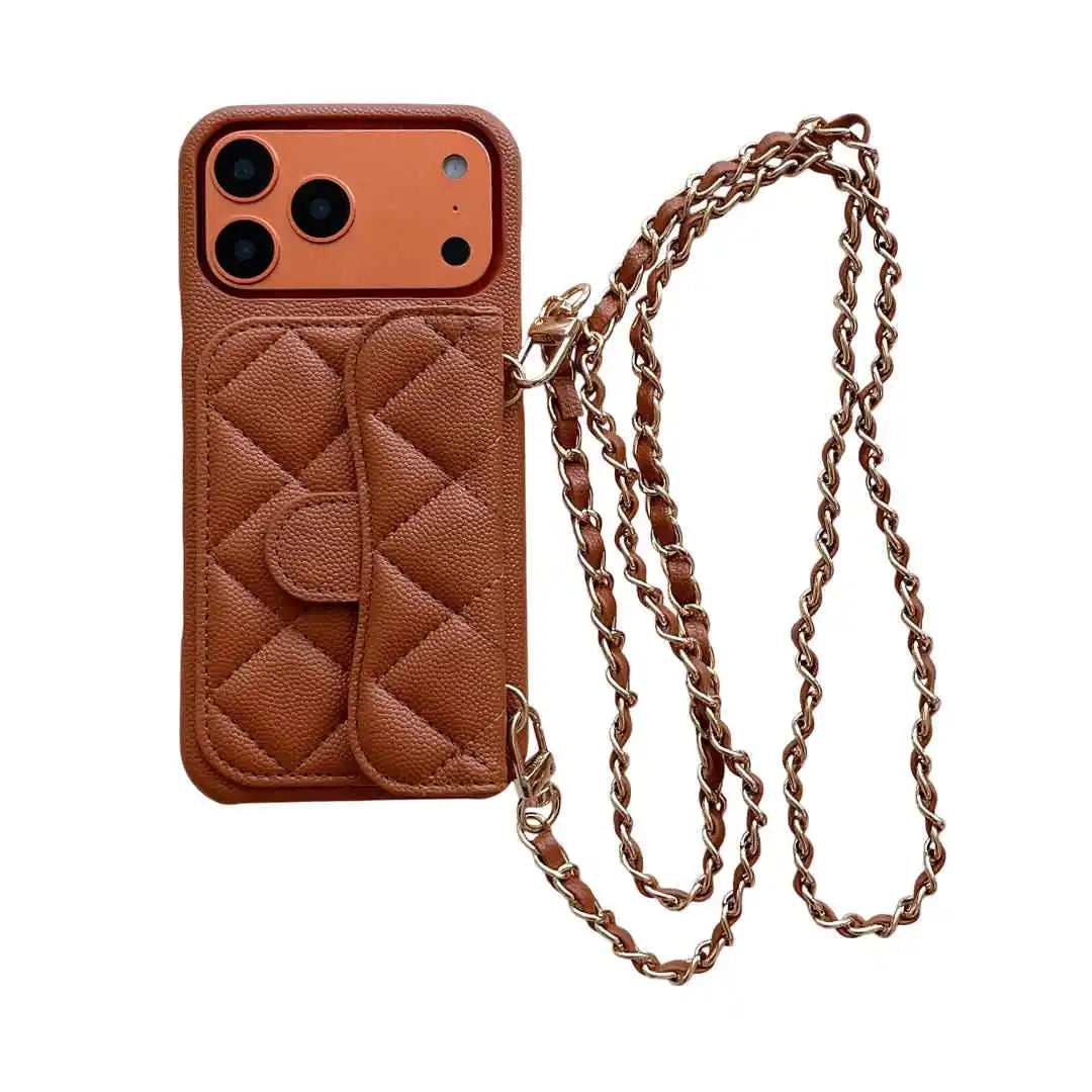Brown quilted phone case with a chain strap on a white background