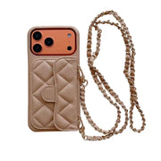 Beige quilted phone case with a chain strap on a white background