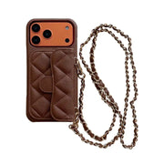 mocha quilted phone case with chain on a white background