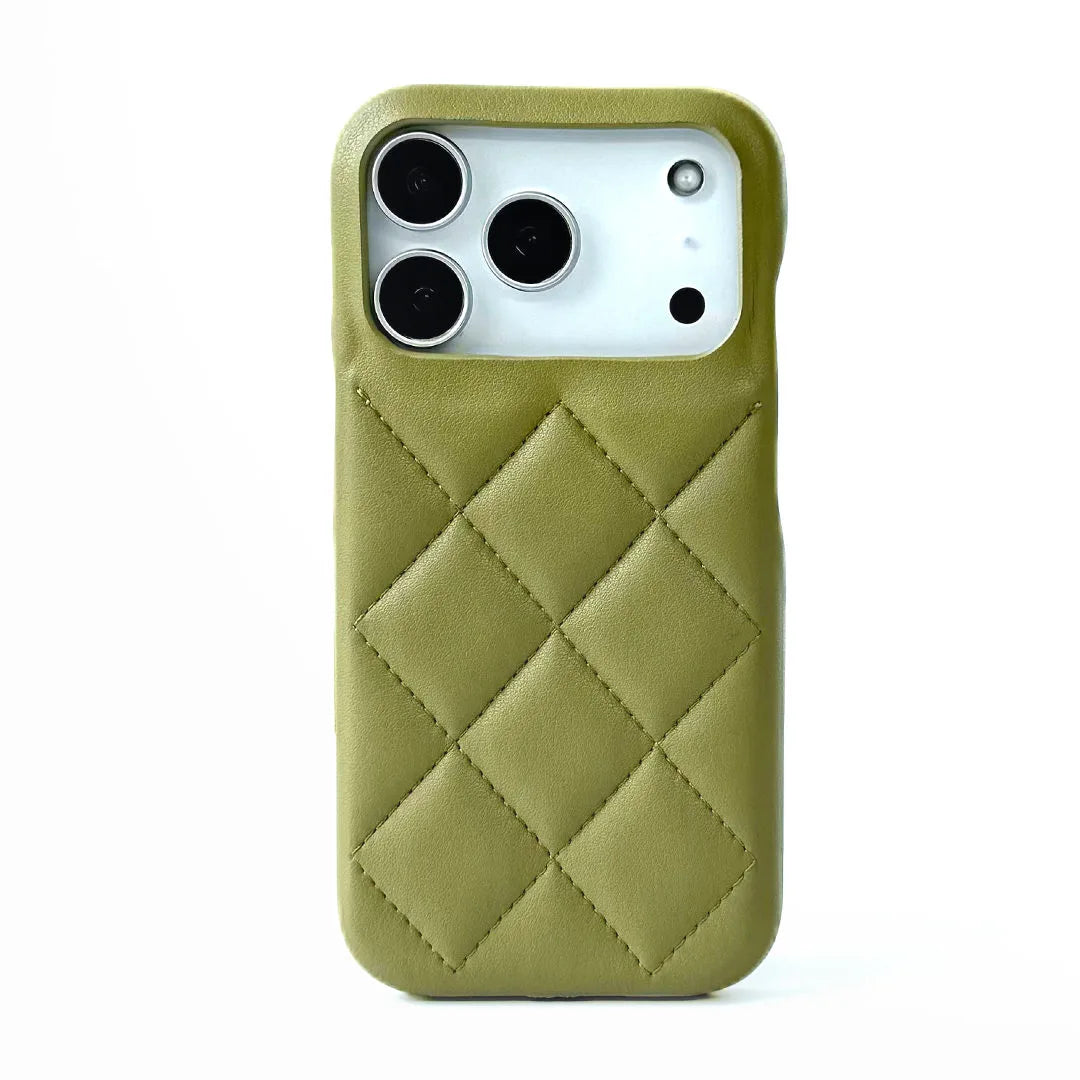 Green quilted phone case on a white background