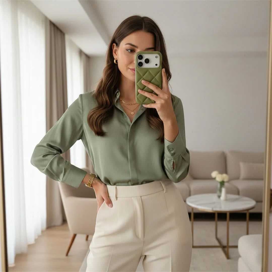 Woman taking a mirror selfie in a living room wearing a green shirt and beige pants.