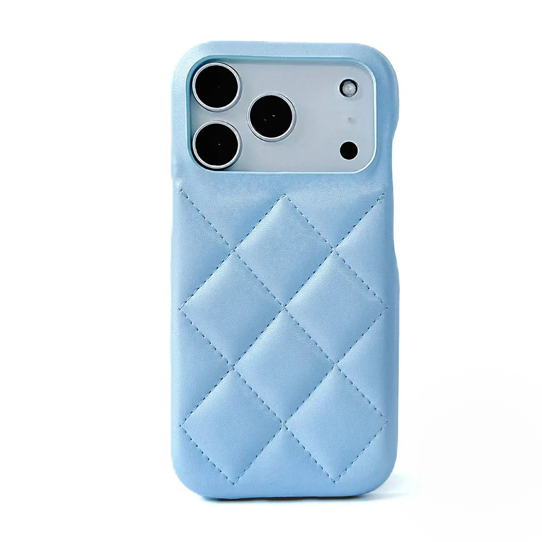 Blue quilted phone case on a white background