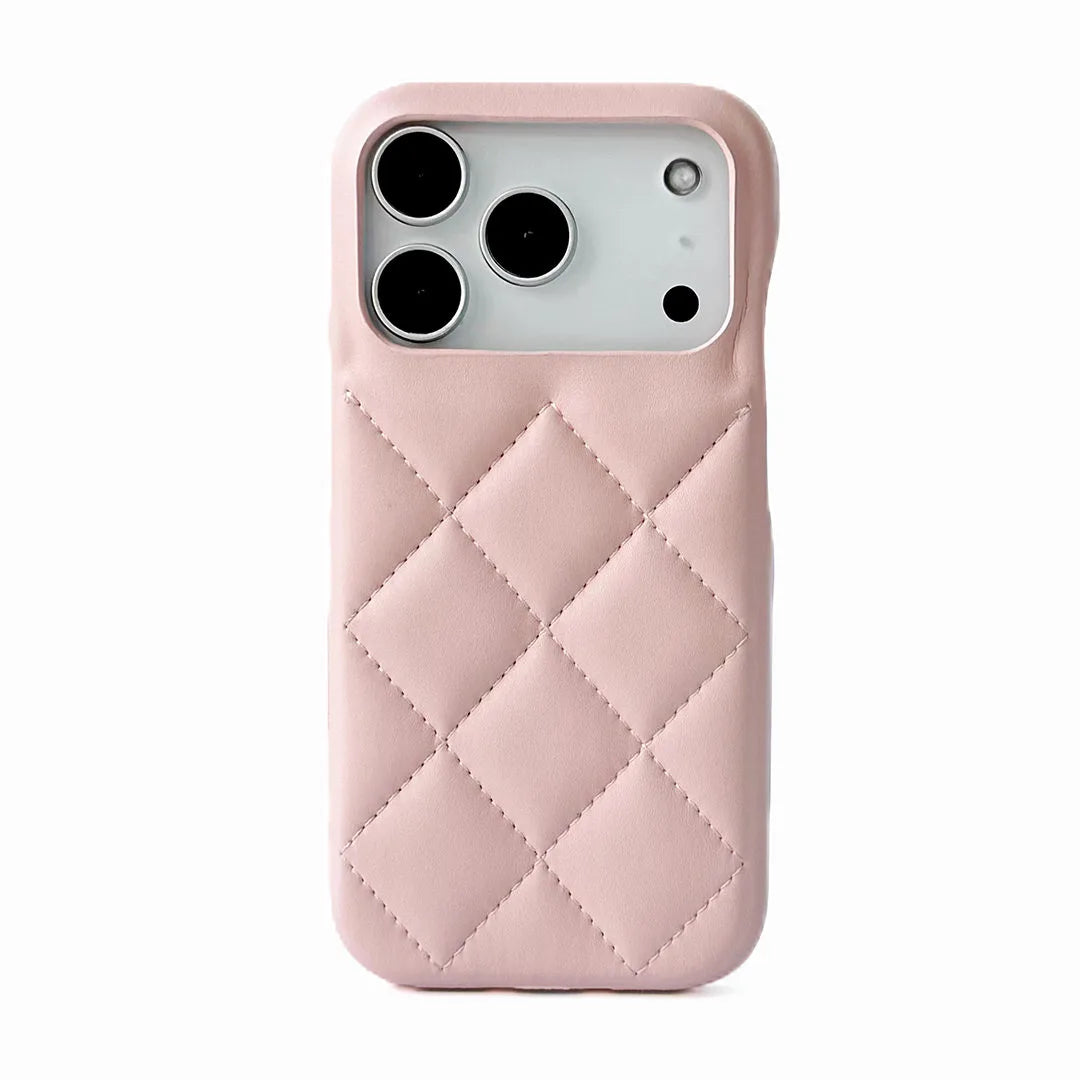 Pink quilted phone case on a white background