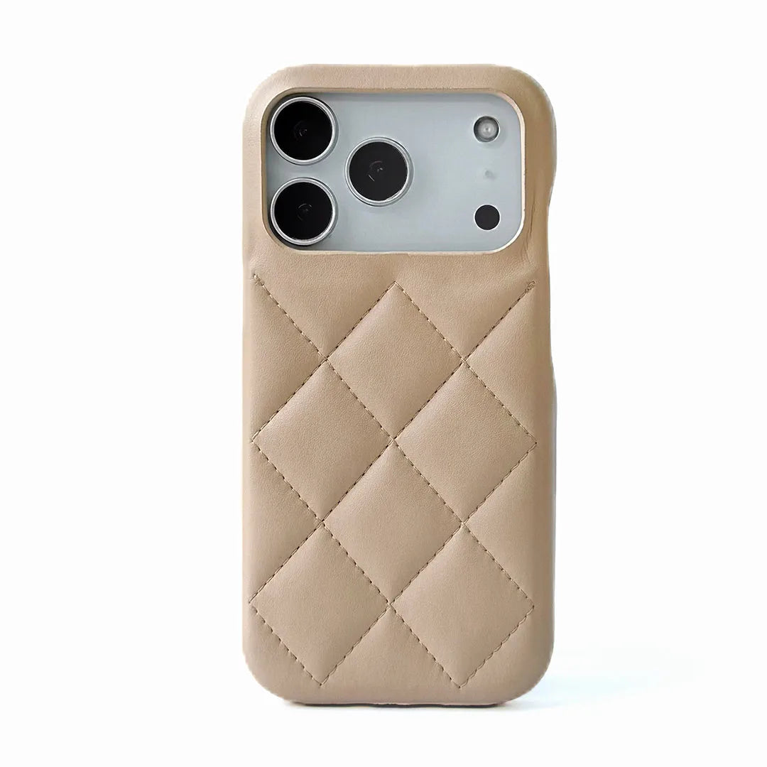 khaki quilted phone case on a white background