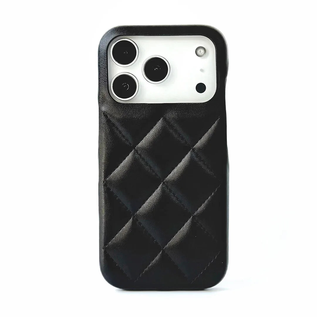 Black quilted phone case on a white background