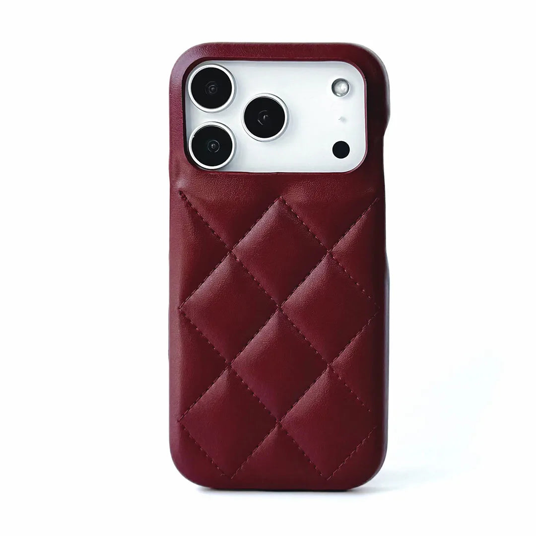 Maroon quilted phone case on a white background