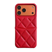 Red quilted phone case with card holder on a white background