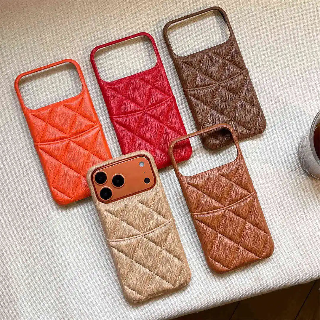 Five quilted phone cases with card slot in different colors on a textured surface.