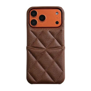 chocolate quilted phone case with card slot on a white background