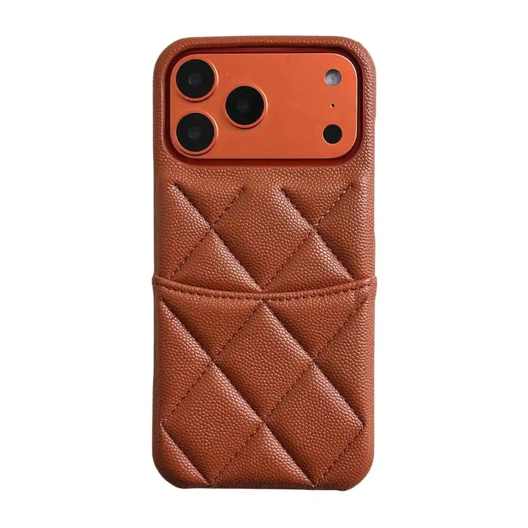 Brown quilted phone case with card slot on a white background
