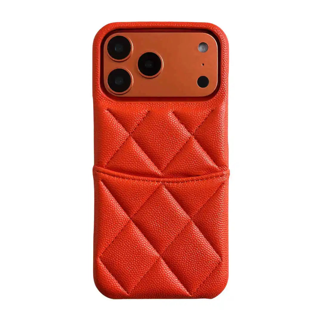 orange quilted phone case with card holder on a white background
