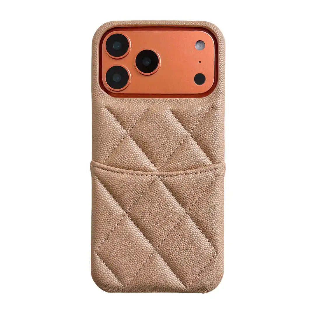 Beige quilted phone case with card holder on a white background