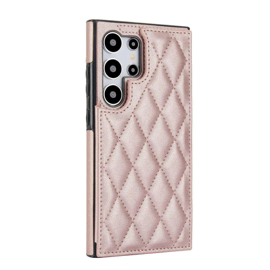 Rose gold quilted phone case with diamond pattern on a white background