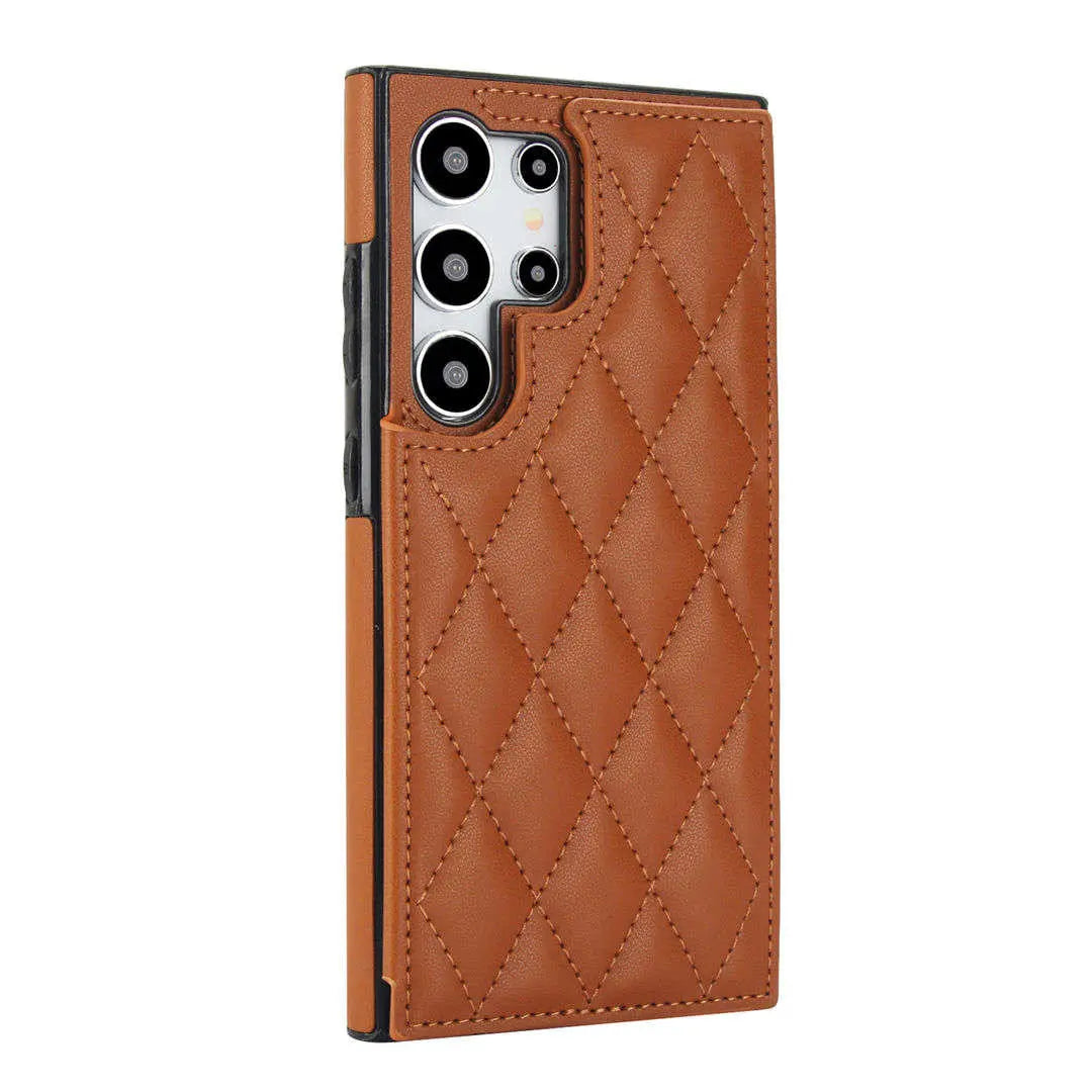 Brown quilted wallet phone case samsung on a white background