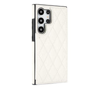 White quilted phone case samsung with black accents on a white background