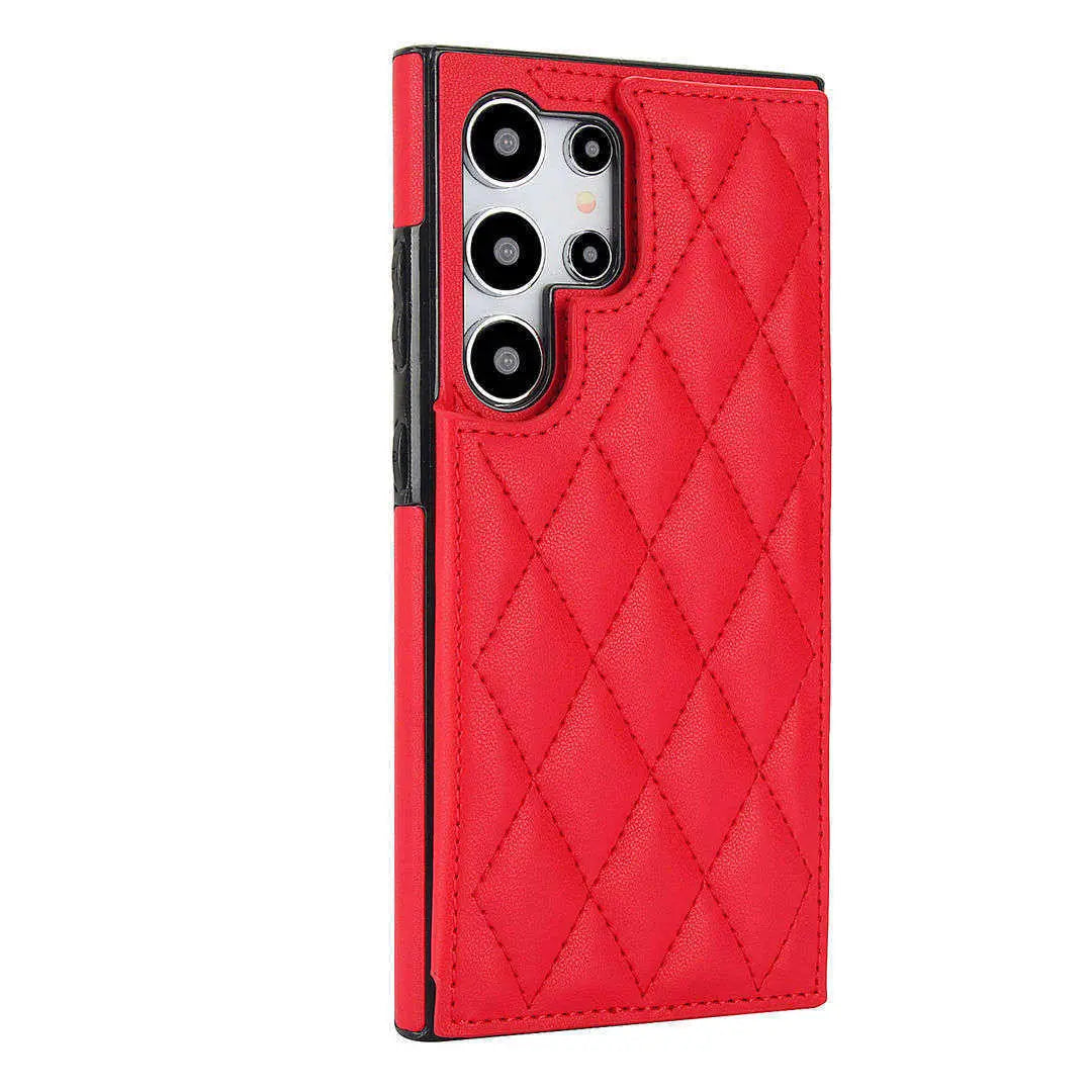 Red quilted wallet phone case samsung on a white background