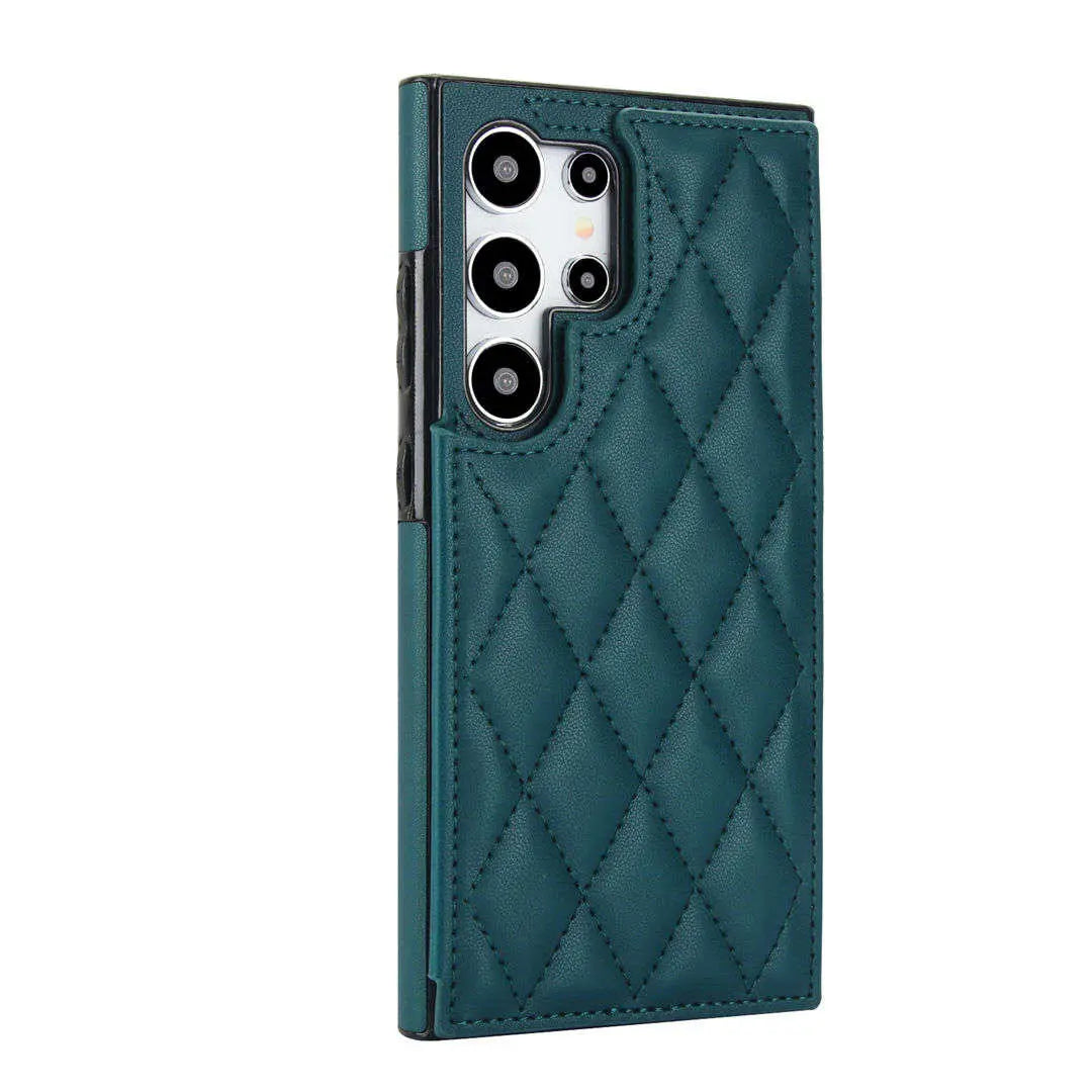 Teal quilted phone case samsung on a white background