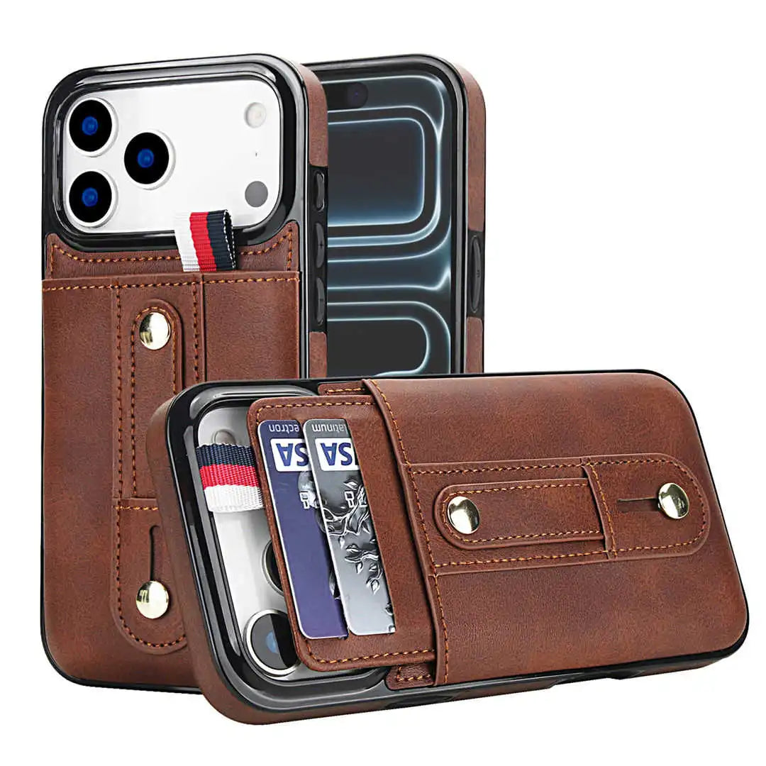 Brown faux-leather wallet phone case shown open and closed on a white background, featuring card slots, a wrist strap, and snap-button closure.