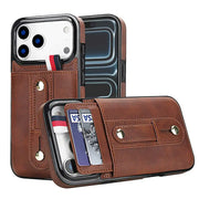 Brown faux-leather wallet phone case shown open and closed on a white background, featuring card slots, a wrist strap, and snap-button closure.