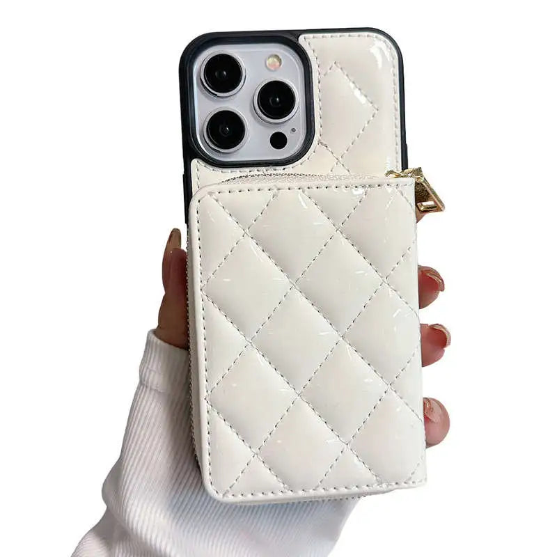 Glossy Leather Quilted Apple iPhone Case with Back Zipper Wallet