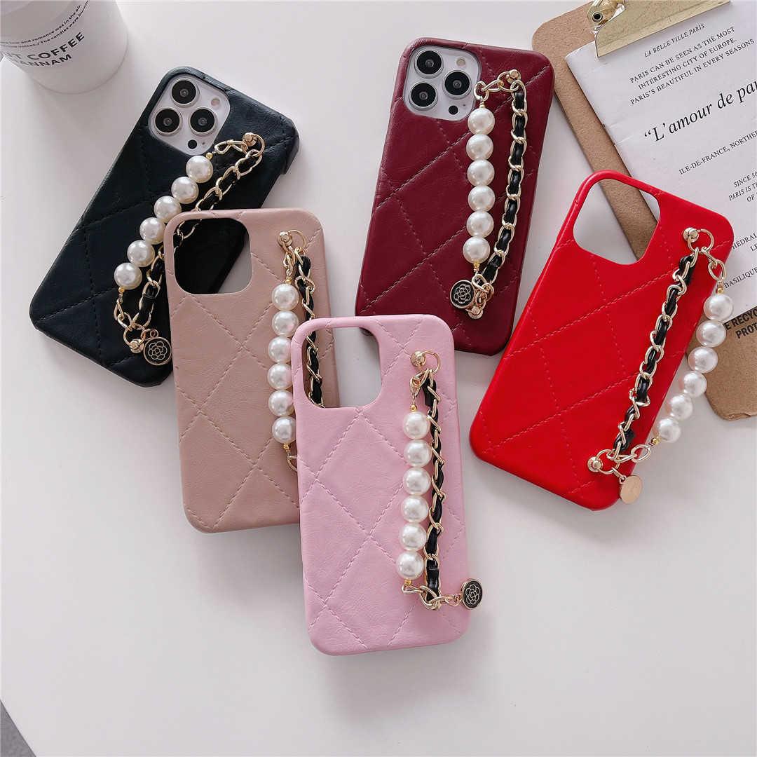Checkered Soft Leather iPhone Case with Pearls Wrist Bracelet