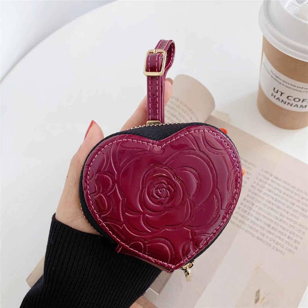 Heart Shape Camellia Pattern AirPods/Earphone Mini Storage Pouch Bag